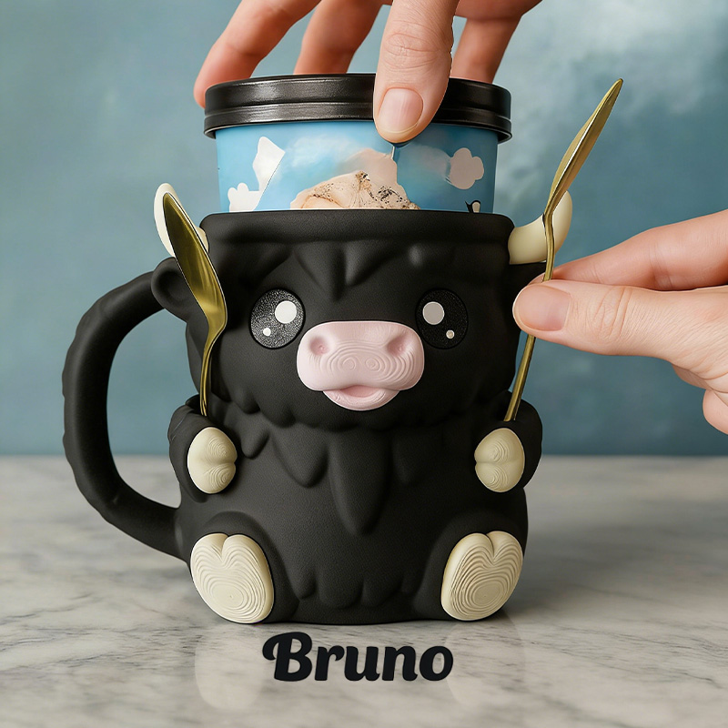 Highland Cow Ice Cream Pint Holder 3D Printed with Spoon Slots & Snack Drawer