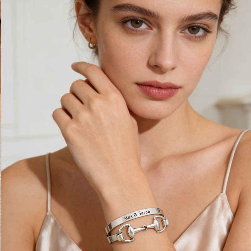 Personalized Inside Engraving Snaffle Bit Cuff Bracelet Silver Perfect Jewellery Gift for Equestrain Lovers