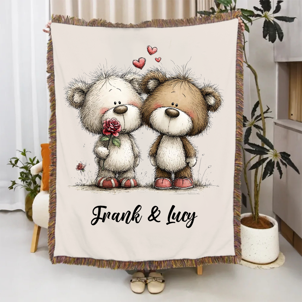 Personalized Couple Cartoon Blanket Penguin Rabbit Cat Hignland Cow Blanket For Newlywed Valentine's Gift For Couple