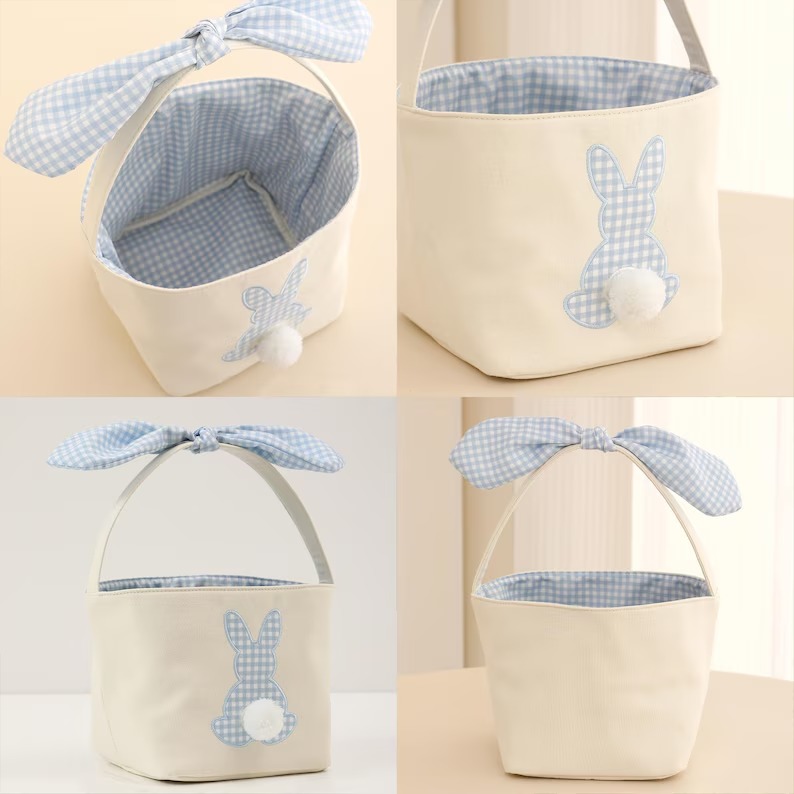 Personalized Easter Basket Embroidered Name Bunny Rabbit Basket Easter Egg Hunt Basket Easter Gift for Kid