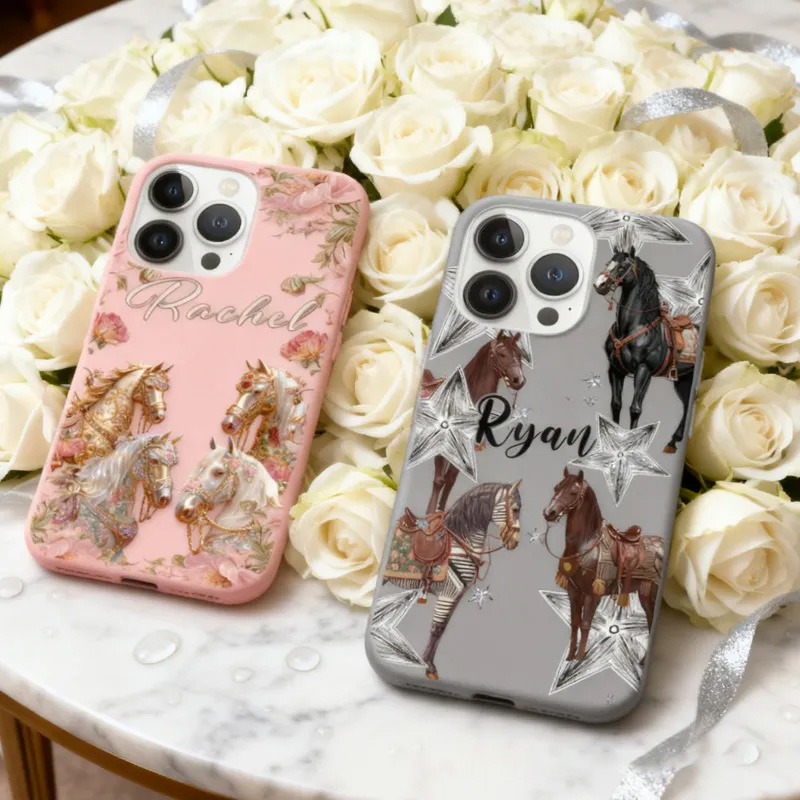 Personalized Couple Phone Case Phone Cases with French Countryside Gifts Floral Design and Custom Name for Riding Lovers Equestrian Lovers Unique Style Phone Cases