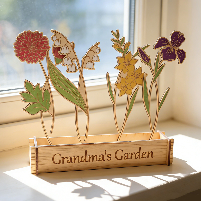 Personalized Gift Custom Engraved Floral Ornament Handmade Family Keepsake Art Piece Wooden Flower Stand For Table Decor Mother's Day Gift