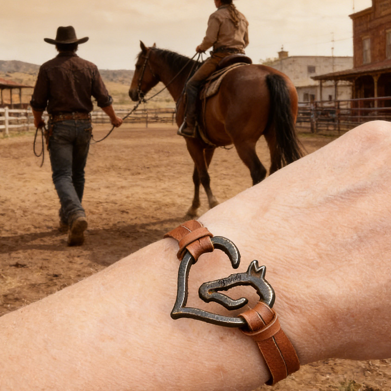 Personalized Horse Heart Nail Bracelet Pony Lover Iron Heart Deerskin Leather for Cowboy Equestrain Lovers