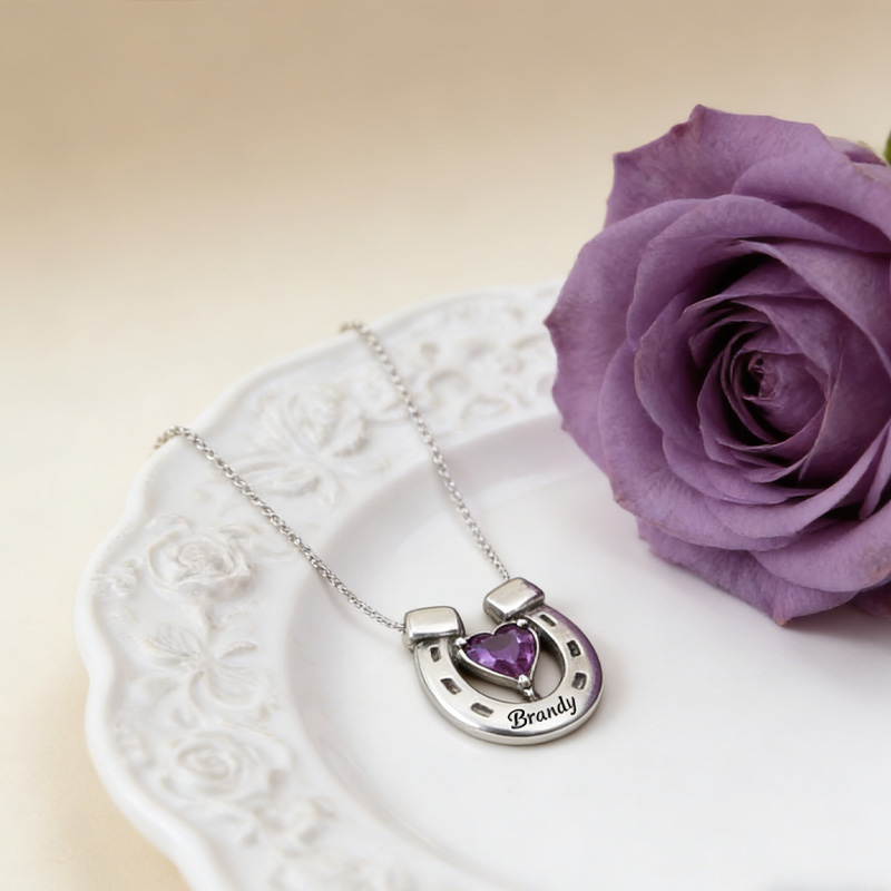 Personalized Birthstone Horseshoe Name Necklace Equine Necklace Elegant Silver Memorial Gift for Equestrain Lovers