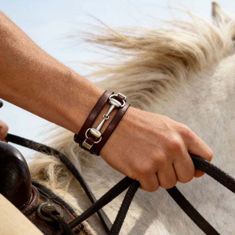 Personalized Engraving Snaffle Bit Leather Bracelet Silver Plated Equestrian Jewelry Wrap Bracelet Gift for Equestrain Lovers
