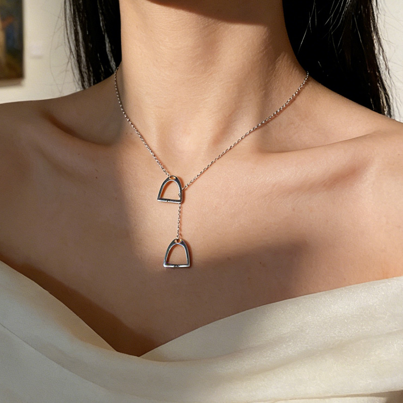 Personalized Horseshoe Name Silver Double Stirrup Necklace Lariat Stirrup Necklace Gift for Equestrain Lovers