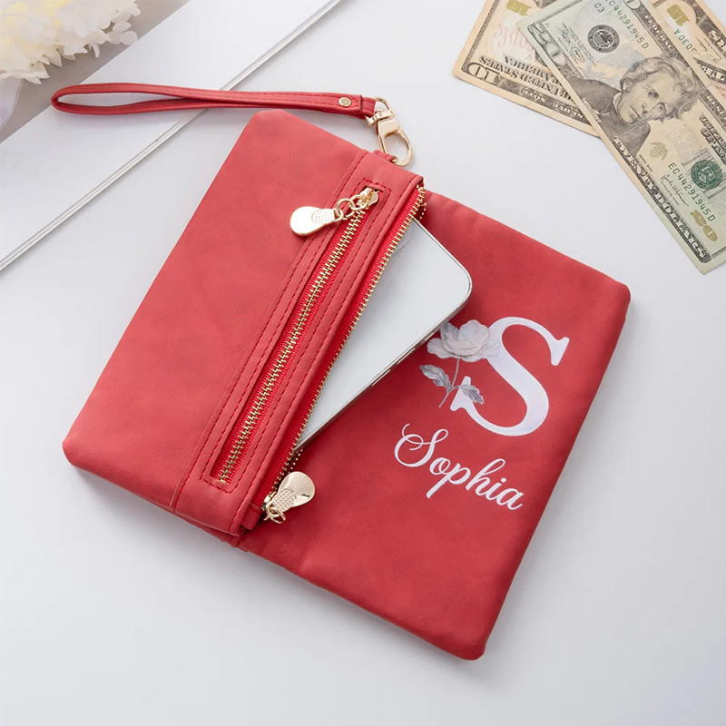 Personalized Pearl Laser Birth Flower PU Leather Folded Wristlet Wallet with Name and Multiple Card Slots Birthday Anniversary Gift for Women