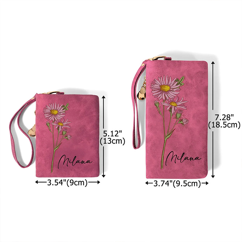 Personalized Watercolor Birth Flower Tri-Fold PU Leather Wristlet Wallet with Card Holder and Name Birthday Anniversary Gift for Women