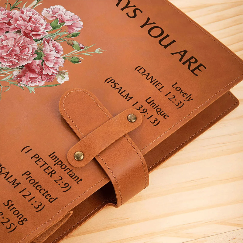 Personalized God Says You are Bible Birth Flower Portable A5 Leather Notebook Cover with Pocket Birthday Inspirational Gift for Women Students