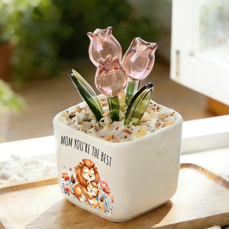 Personalized Glass Everlasting Tulips Mom Flower Gifts with Birth Month Floral Custom Hand Blown Glass Potted Mothers Day Gifts