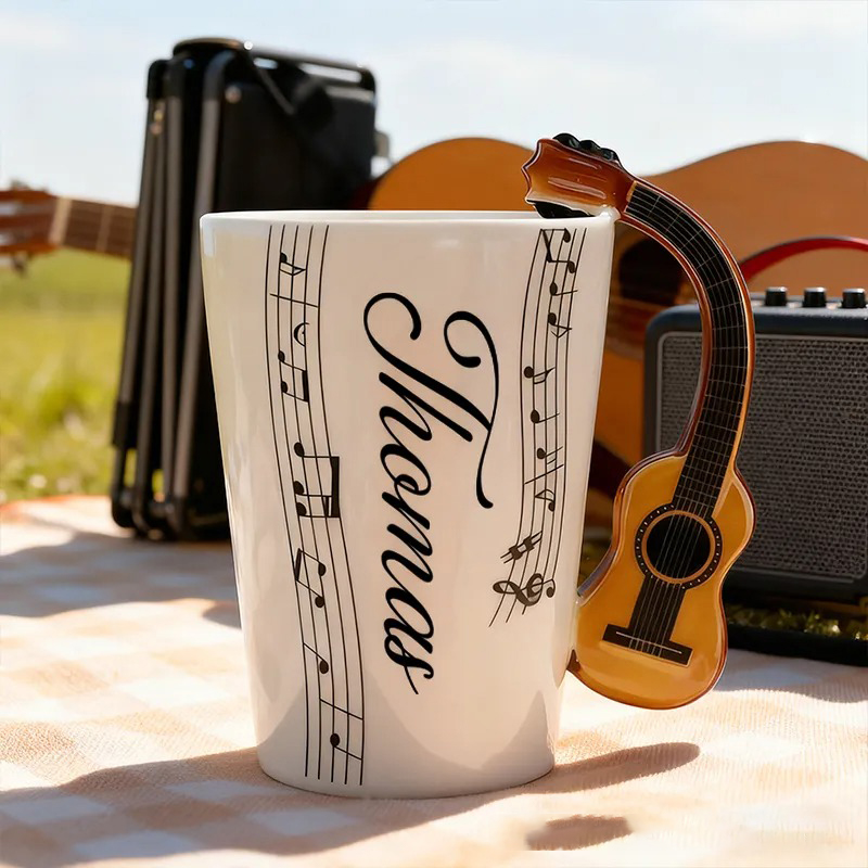 Personalized Custom Acoustic Guitar Handle Mug, Personalized Name Ceramic Coffee Cup with Musical Notes, Folk Music Lover Gift