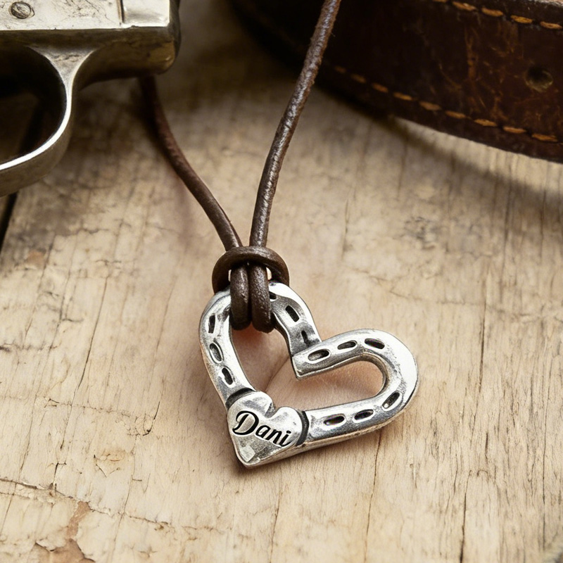 Personalized Heart and Horse Shoes Necklace Horse Love Pendant Rustic Handmade Jewelry Hand Hammered Gift for Equestrain Lovers