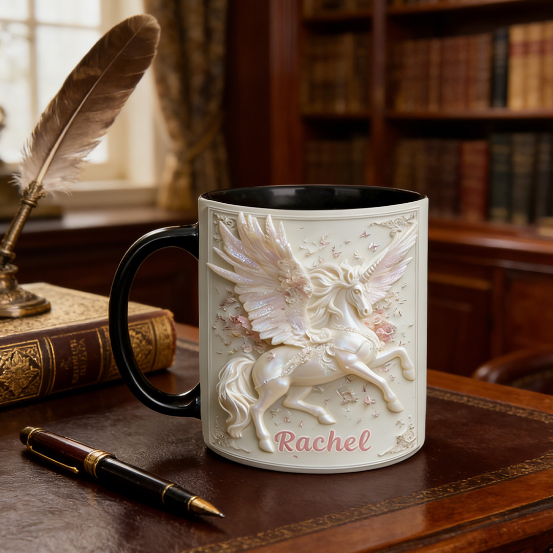 Personalized Horse Shell Pearl Pegasus Angel Mug Ceramic 3D Graphic Patterns Cup Gift for Horse Riding Equestrian Lovers