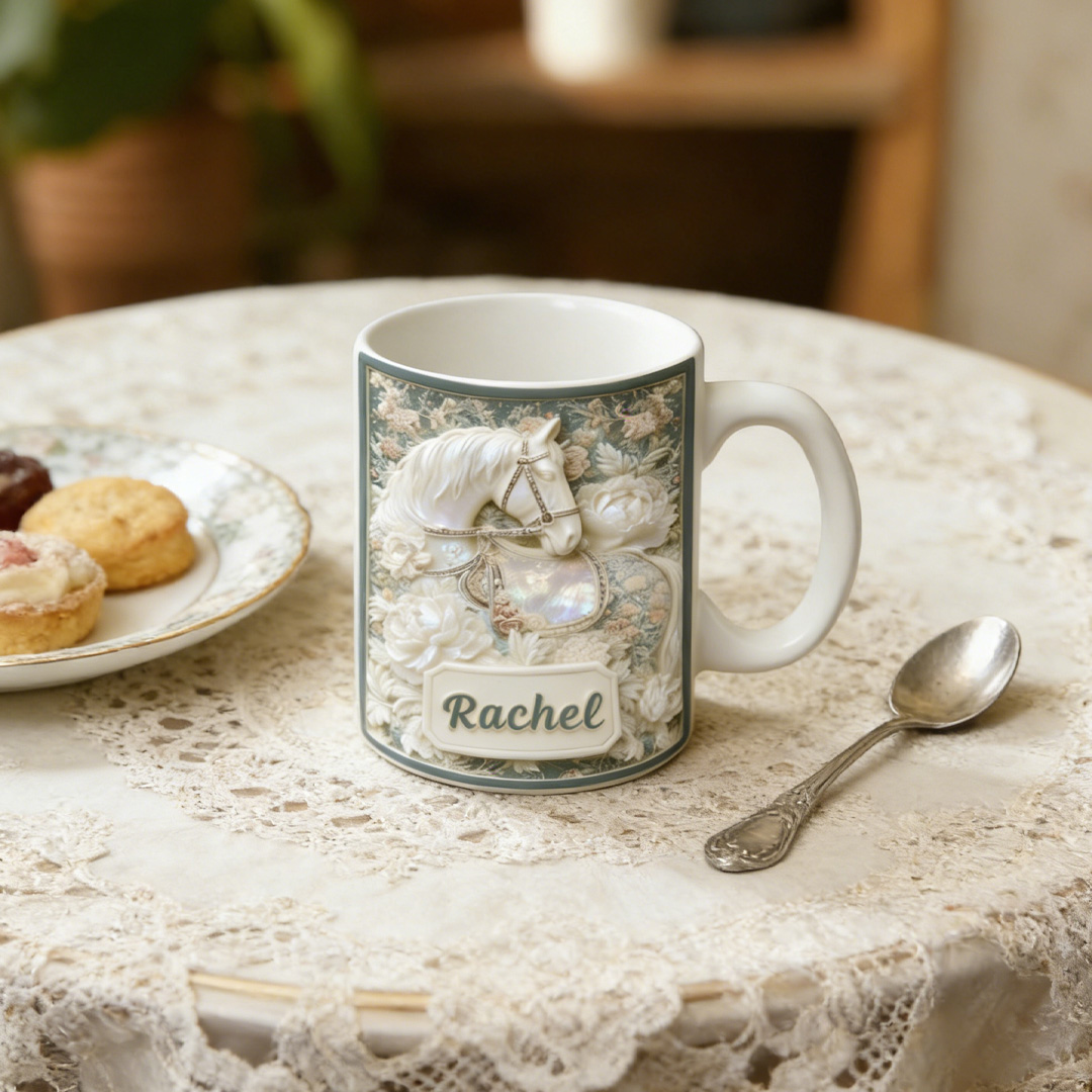 Personalized Horse Shell Pearl Floral Mug Ceramic 3D Graphic Patterns Cup Gift for Horse Riding Equestrian Lovers