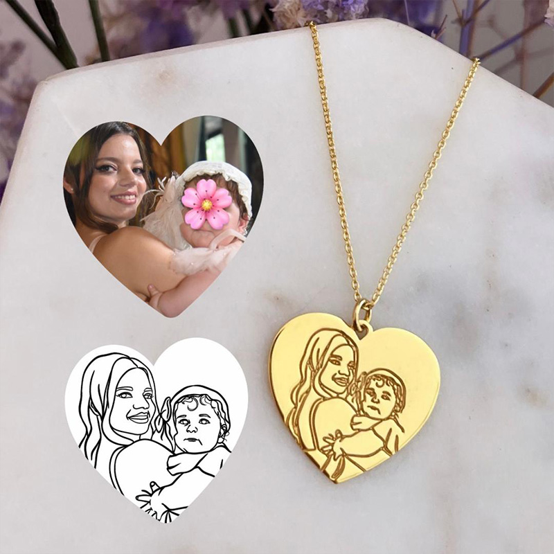 Personalized Engraved Famliy Face Photo Heart Design Portrait Necklace With Custom Photo for Memorial Gift, Mother's Day Jewelry