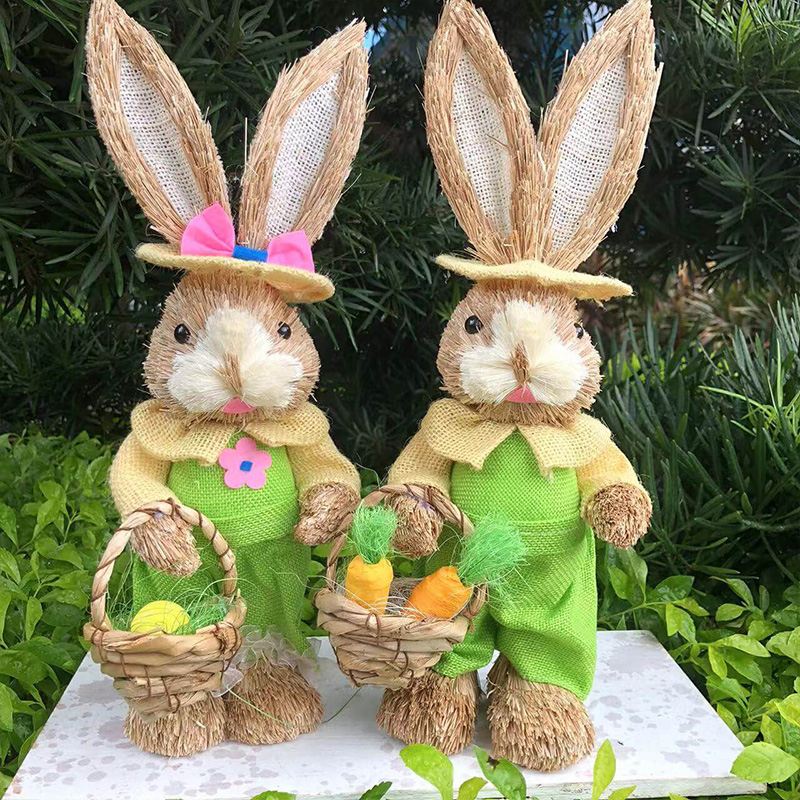 Decorative Straw Rabbits 35cm | Easter Bunny Figurines | Cute Easter Table Decorations
