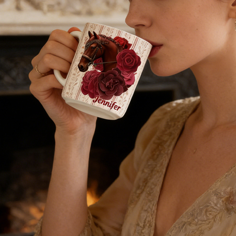 Personalized Birth Flower Horse Coffee Mug Elegant Ceramic Vintage Wares Cup Gift for Horse Riding Equestrian Lovers