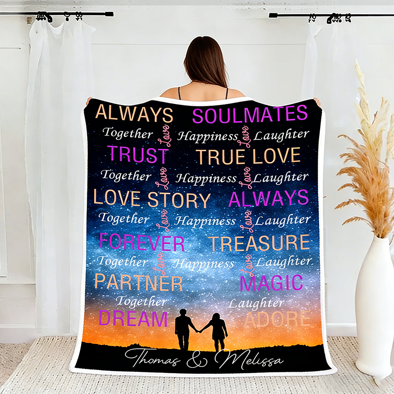 Personalized Couple Starry Sky Silhouette Blanket Valentine's Day Gift for Couple Cloud Word Blanket Love Story Blanket For Her