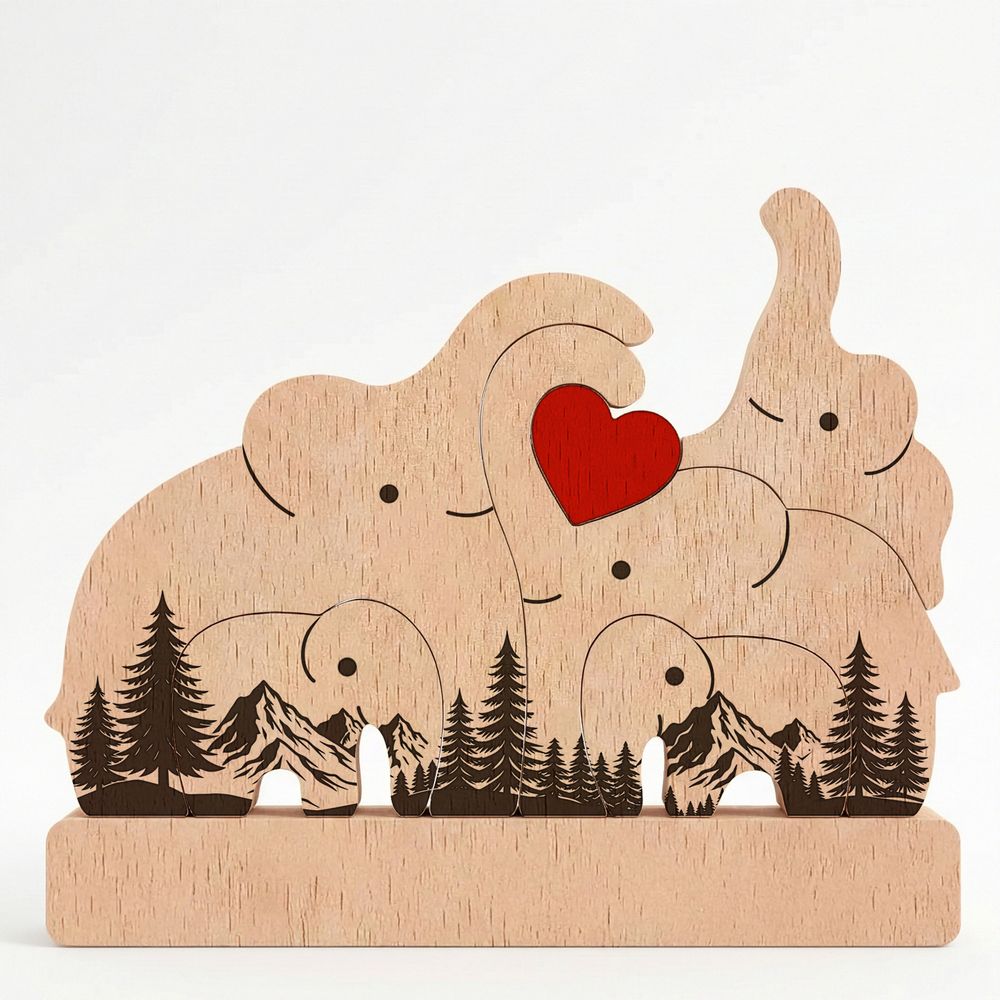 Personalized Custom Engraved Family Name Gift Home Decor Anniversary Present Love Keepsake Elephant Family Wooden Puzzle