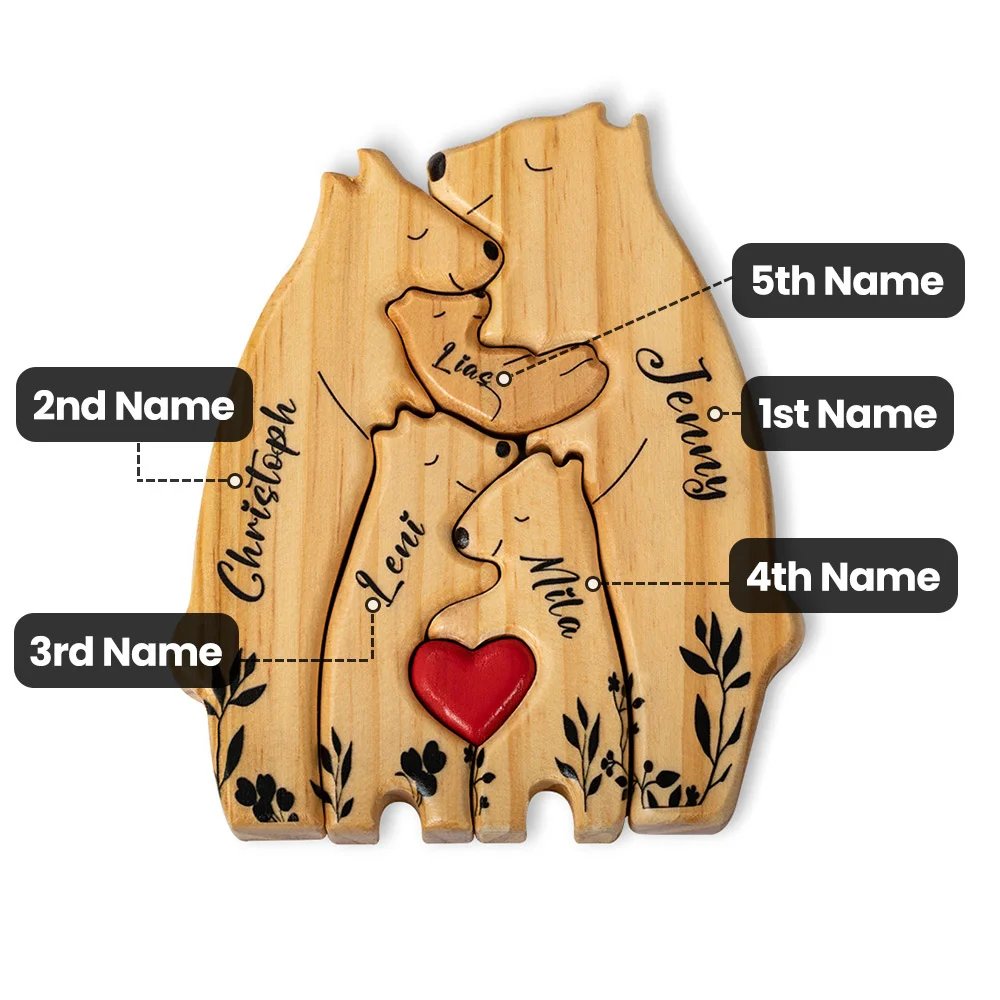 Personalized Wooden Bear Family Puzzle with 2-6 Names and Red Heart Desk Decoration Birthday Mother's Day Gift for Family