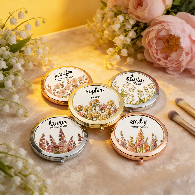 Personalized Bridesmaid Compact Mirror Dried Pressed Birth Floral Compact Mirror Custom Bride Name Compact Mirror Bachelorette Party Mirror Bridal Shower Gift for Her
