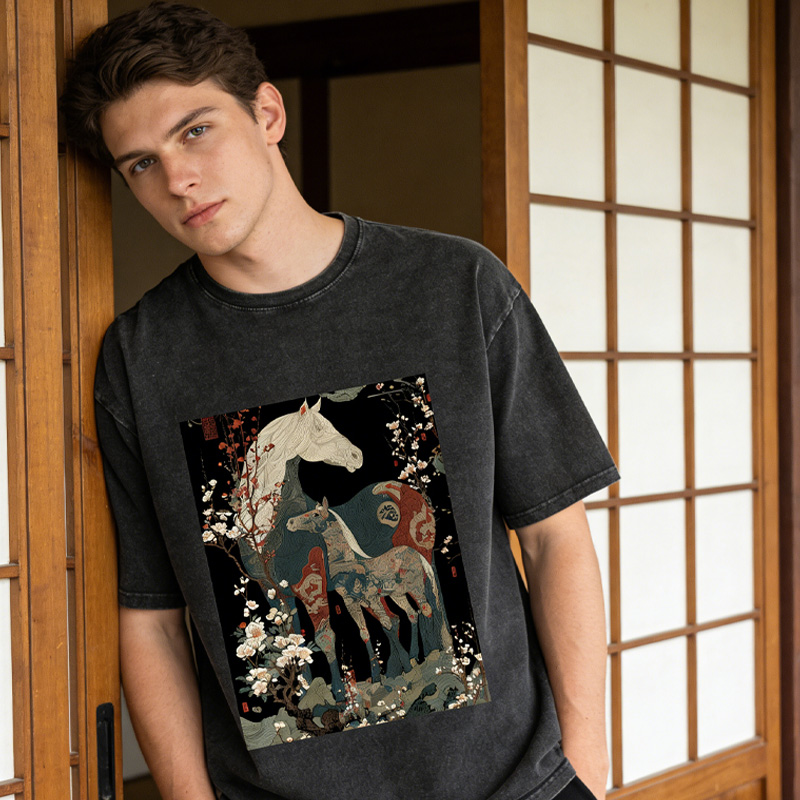 Japanese Ukiyo Horses Washed T-Shirts Gift Shirt for Riding Equestrain Lovers