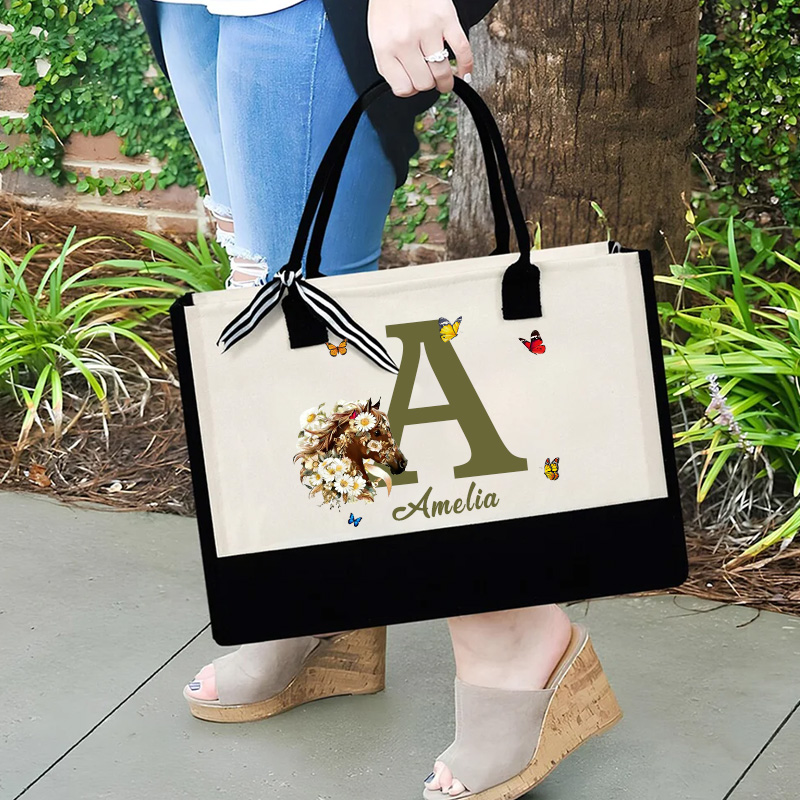 Personalized Birth Flower Bouquet Horse Large Canvas Tote Bag with Name and Initial Birthday Anniversary Gift for Equestrain Lovers