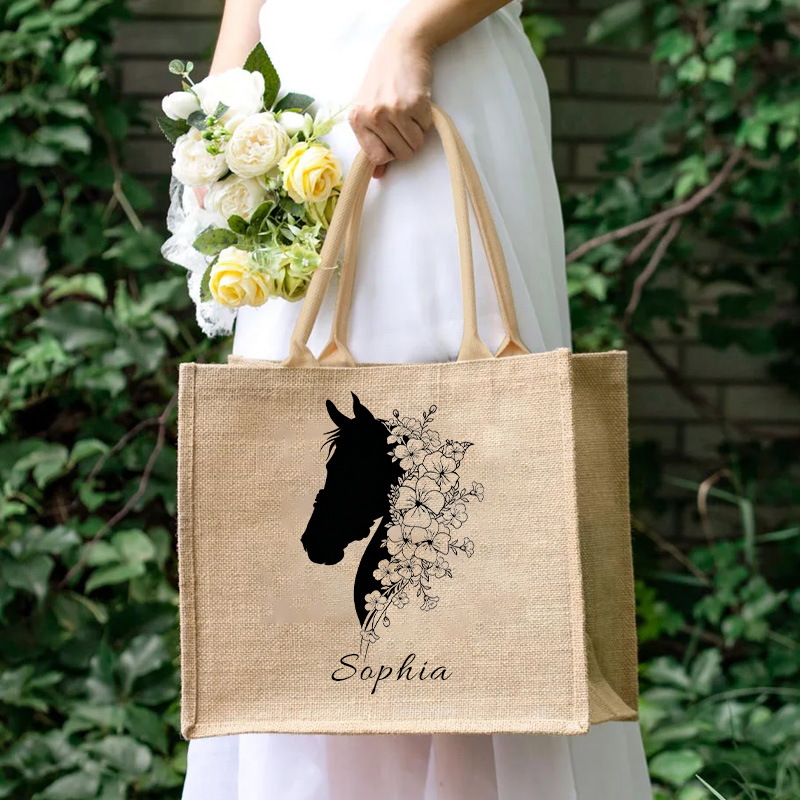 Personalized Birth Flower Horse Burlap Reuseable Jute Tote Bag with Name Birthday Gift for Riding Equestrian Lovers