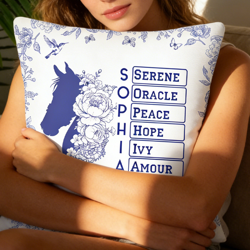 Personalized Toile De Jouy Horse Birth Flower Soft Throw Pillow Cover with Name Home Decor Birthday Gift for Equestrain Lovers