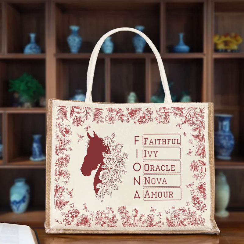 Personalized Toile De Jouy Horse Birth Flower Tote Bag with Name Birthday Gift for Riding Equestrian Lovers