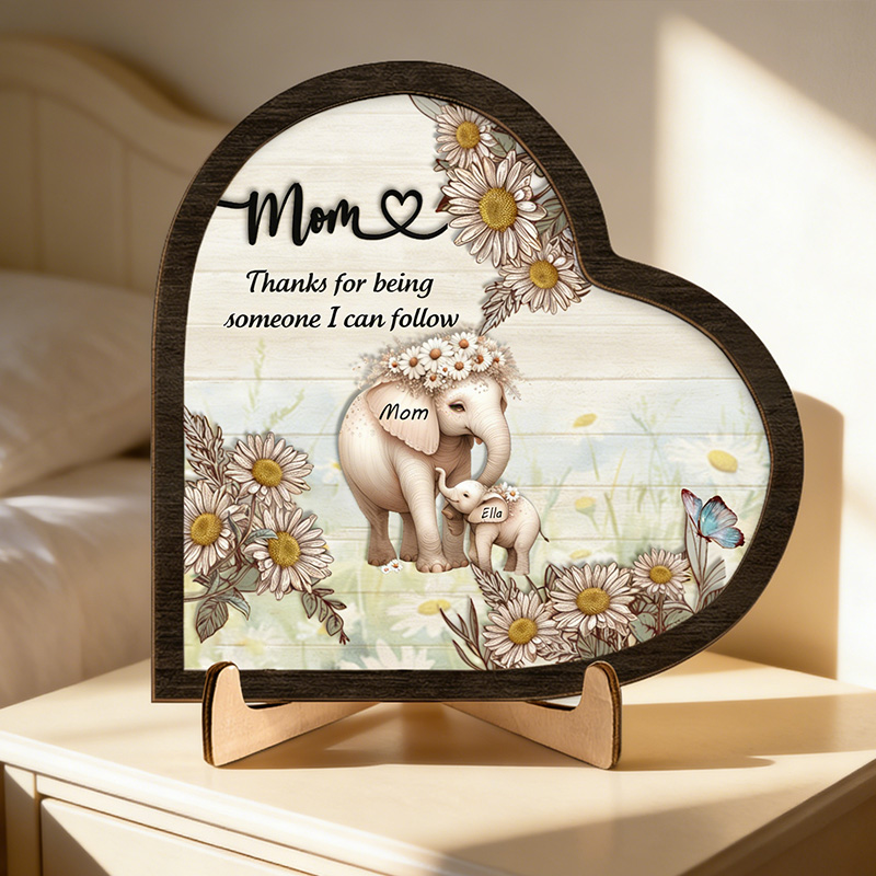 Personalized Thanks For Being Someone I Can Follow Birth Flower Sign Mom Elephant with Little Kids Wooden Plaque Gift for Mom Grandma Mother's Day