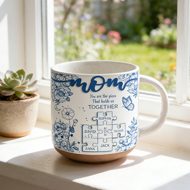 Personalized Mom Puzzle Piece Pottery Mug with Birth Flower You Are The Piece That Hold Us Together Mug Gift For Mom Mother's Day Gift