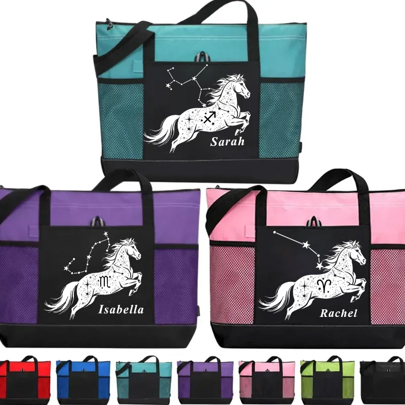 Personalized Zodiac Horoscope Horse Tote Bag with Name Travel Essentials Birthday Gift for Equestrain Lovers