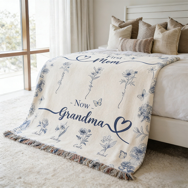 Personalized Grandma Blanket With Birthflower and Grandkids Names Woven Floral Throw Gift For Nana Gigi Mimi Custom Grandmother Mom Birthday Gift Mother's Day Gift