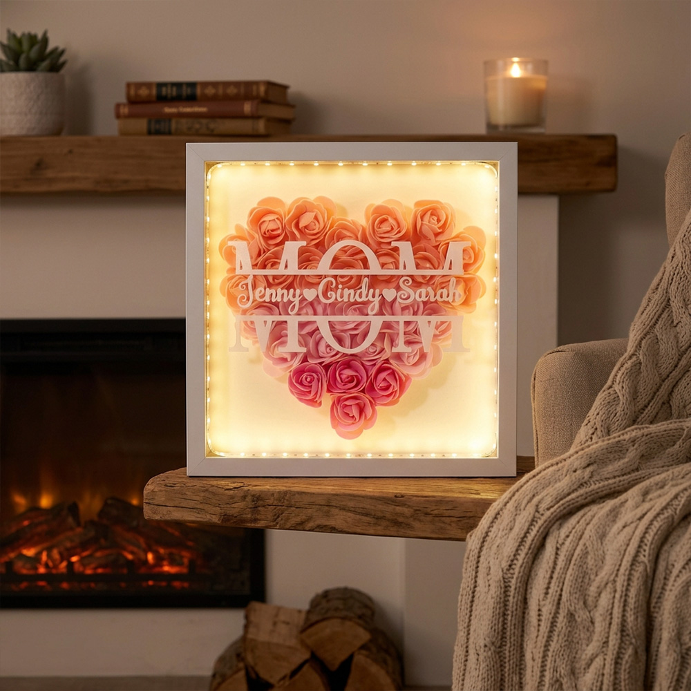 Personalized Mother’s Day Shadow Box – Custom Name Heart Rose Light Frame for Mom