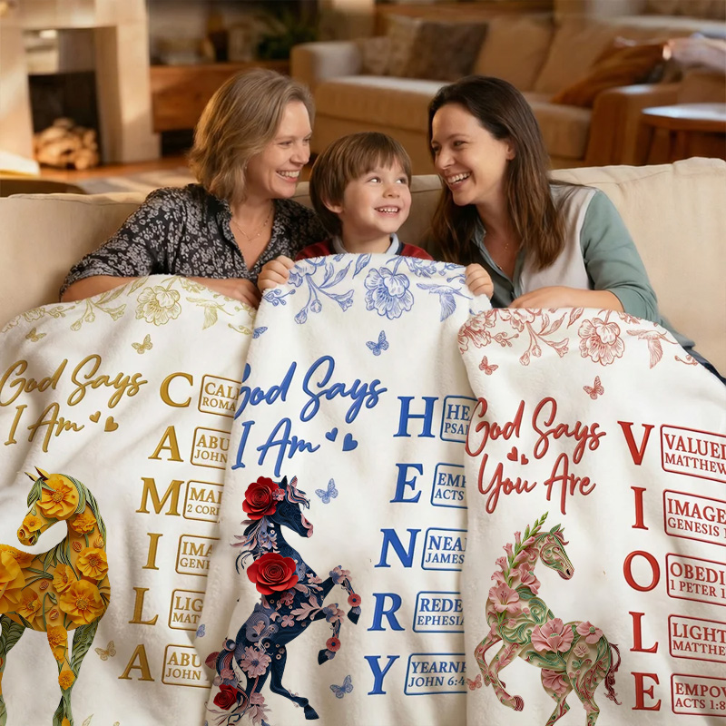 Personalized God Says I Am Horse Birth Flower Soft Throw Blanket with Name Home Use Mother Day Gift for Equestrain Lovers