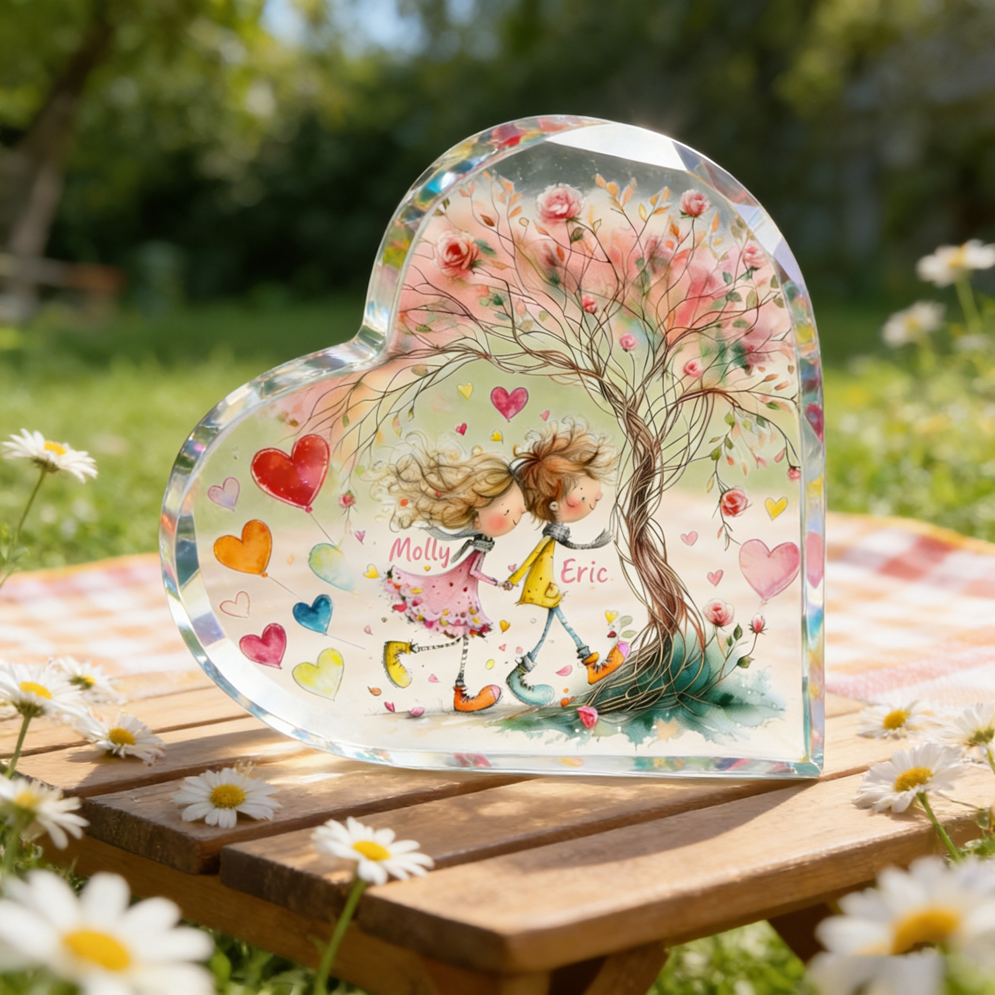 Personalized Cartoon Couple Plauqe Flower Tree Heart Shape Acrylic Plaque with Name Desk Decor Valentine's Day Gift for Couple