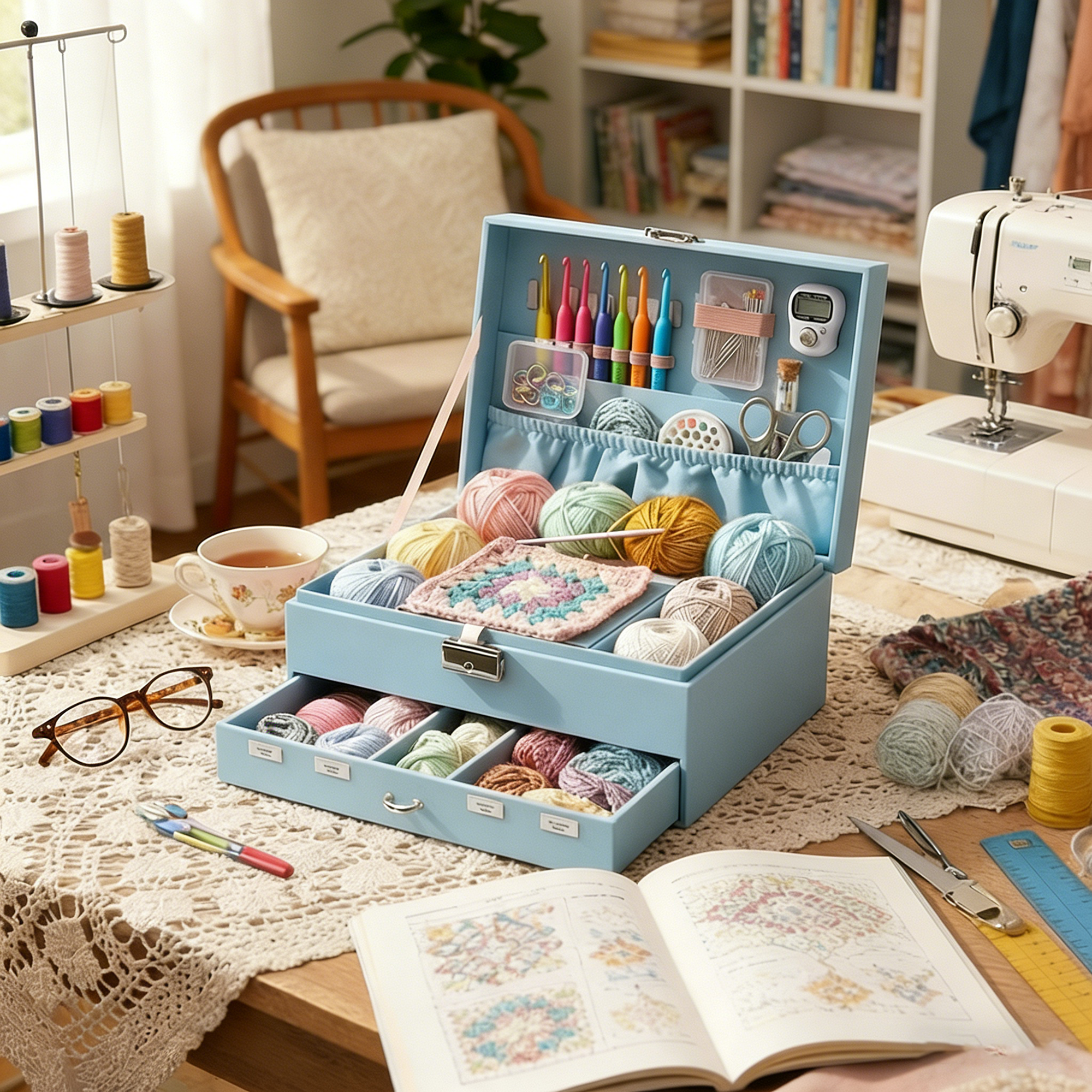 Personalized Multi-Layer Fabric Crochet & Knitting Organizer Box – Portable Craft Storage for Yarn, Hooks and Accessories