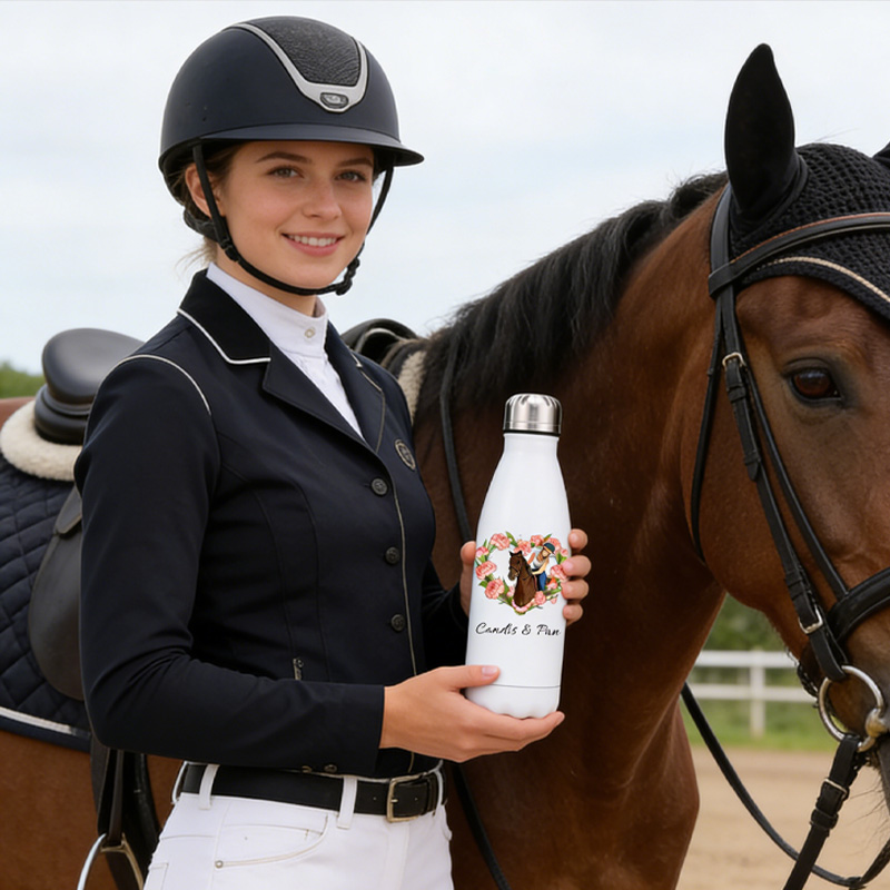 Personalized Birth Flower Heart Photo Custom Jumping Horse Insulated Bottle Pony Owners Thermal Flask Water Bottle for Equestrain Lovers