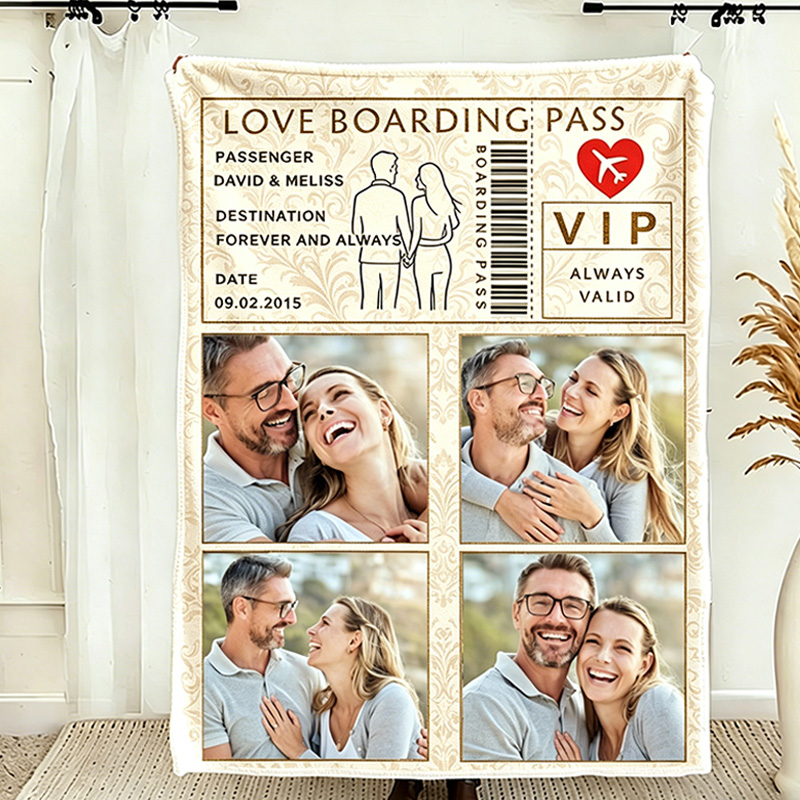 Personalized Love Boarding Pass Design Blanket for Couple Photo Blanket