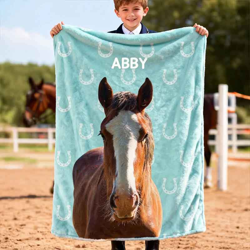 Personalized Horse Lover Painted Horse Photo Horseshoe Print Multicolor Soft Throw Blanket