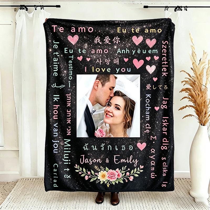 Personalized Love in Different Language Couple Blanket with Names Couple Anniversary Gift Wedding Gift for Newlyweds