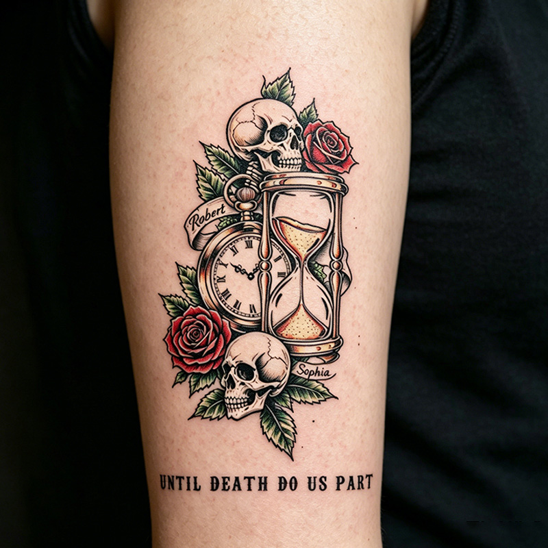 Personalized Until Death Do Up Part Couple Temporary Tattoo with Name Skeleton Couple Temporary Tattoo