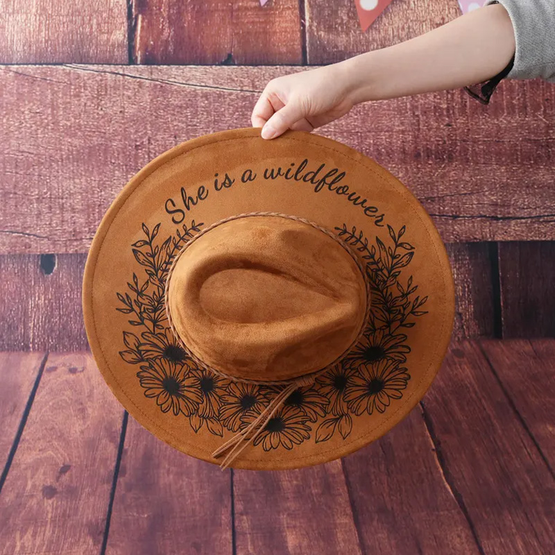 Personalized Vegan Suede Burned Hat Birth Month Floral Western Style Cowboy Cowgirl Hats She is a Wildflower Fedora Hat Wide Brim Hat Gifts for Equestrain Lovers