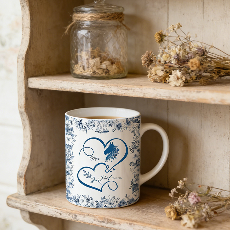 Personalized Toile De Jouy Mug Heart Birth Flower with Your Horse Ceramic Cup Gift for Horse Riding Equestrian Lovers