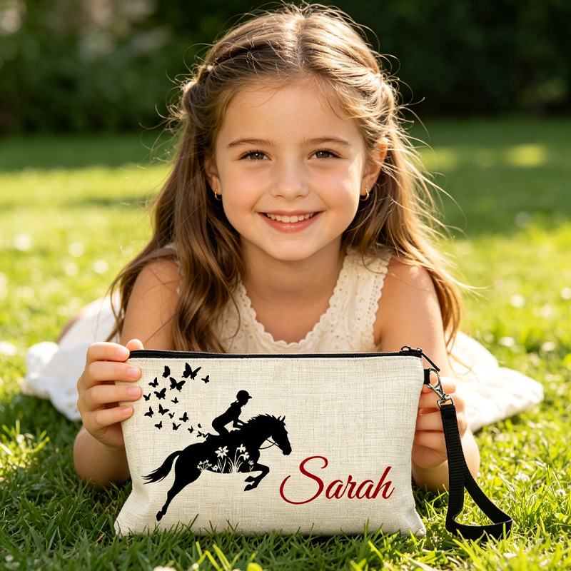 Personalized Floral Horse Birth Month Flower Linen Zipper Pouch Horseback Riding Farm Gift for Girls Equestrain Lovers