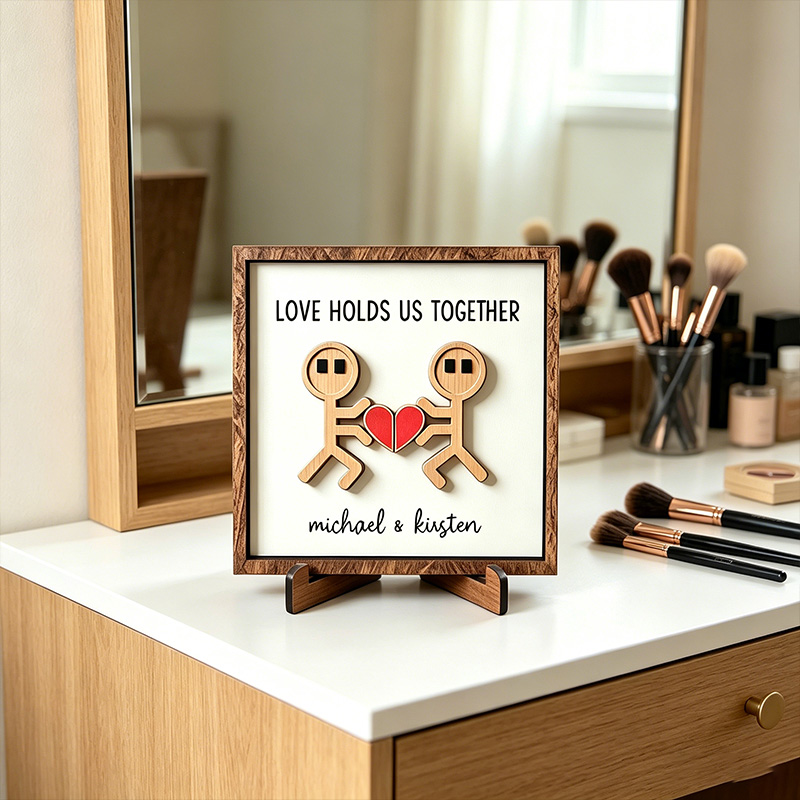 Personalized Funny Cartoon Couple Wooden Sign Gift Valentine's Day Gift for Couple Love Holds Us Together Wood Sign with Couple Name