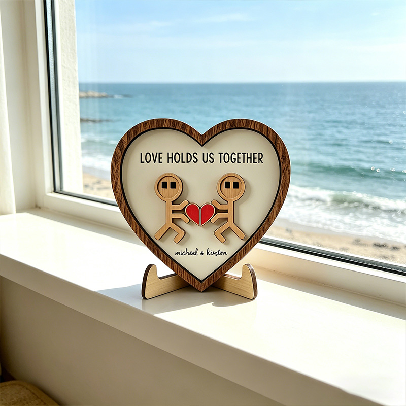 Personalized Funny Cartoon Couple Wooden Sign Gift Heart Shape Wooden Love Holds Us Together Sign with Couple Name Gift Plaque
