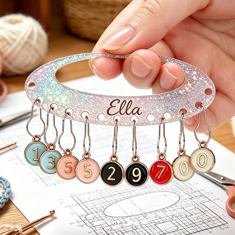 Personalized Removable Plastic Leather Wood Counting Number Stitch Markers Charm with Engraved Name and Holder Birthday Gift for Crochet Knitting Lovers