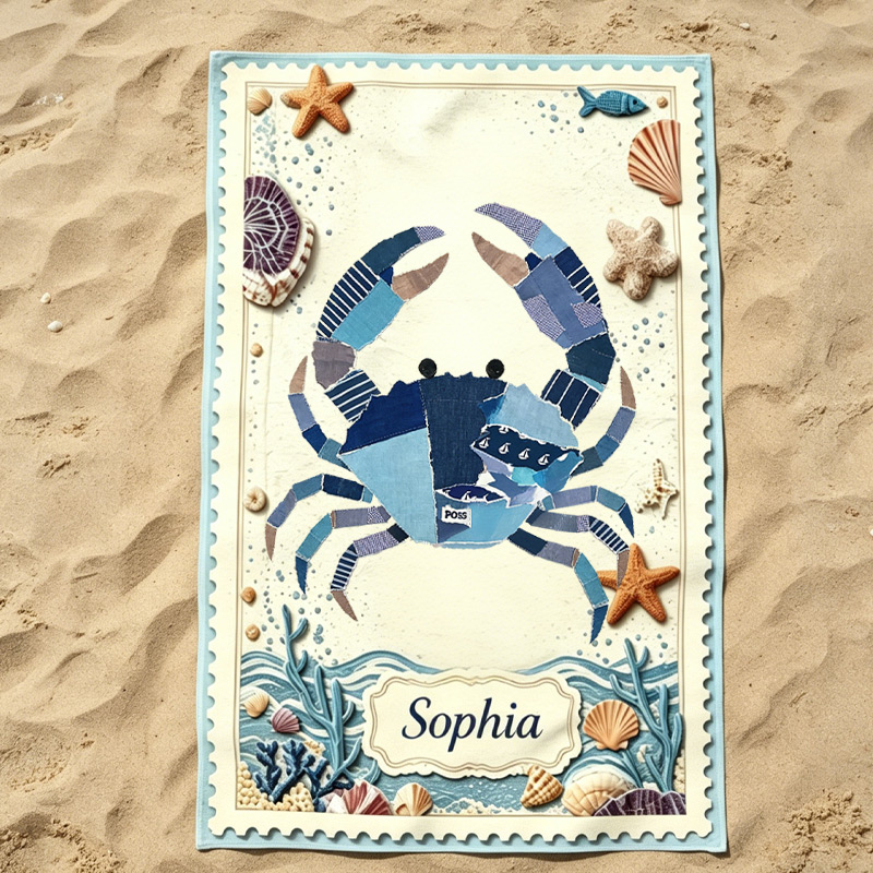 Personalized  Beach Towel  Coastal Patchwork Collage Design Custom Name Kids Towel for Summer Vacation Ocean Theme Gift